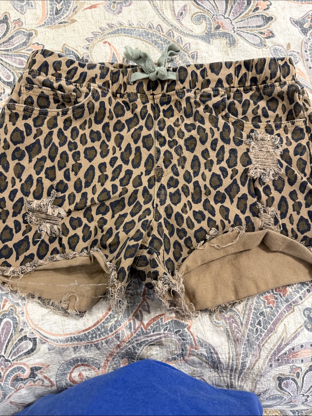 YMI Women’s Leopard Print Distressed Drawstring Shorts - Brown large